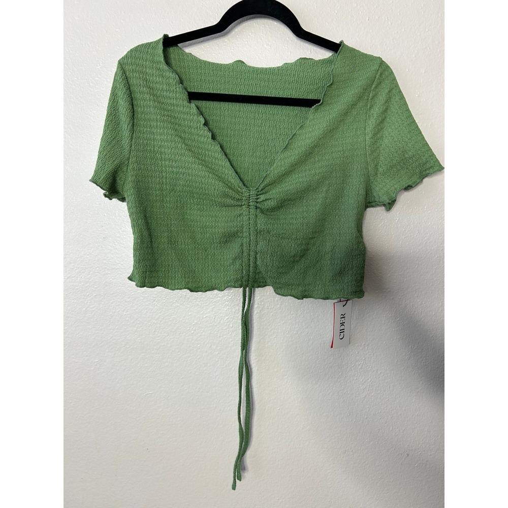 Cider Green Textured Ruched Drawstring Crop Top Lettuce Trim CD2022011156817MD M - Picture 3 of 6